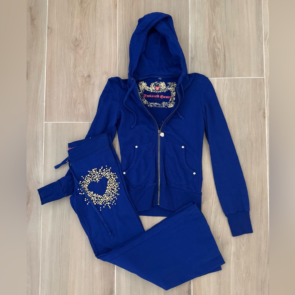 TWISTED HEART Blue Hoodie with Embellished Design
